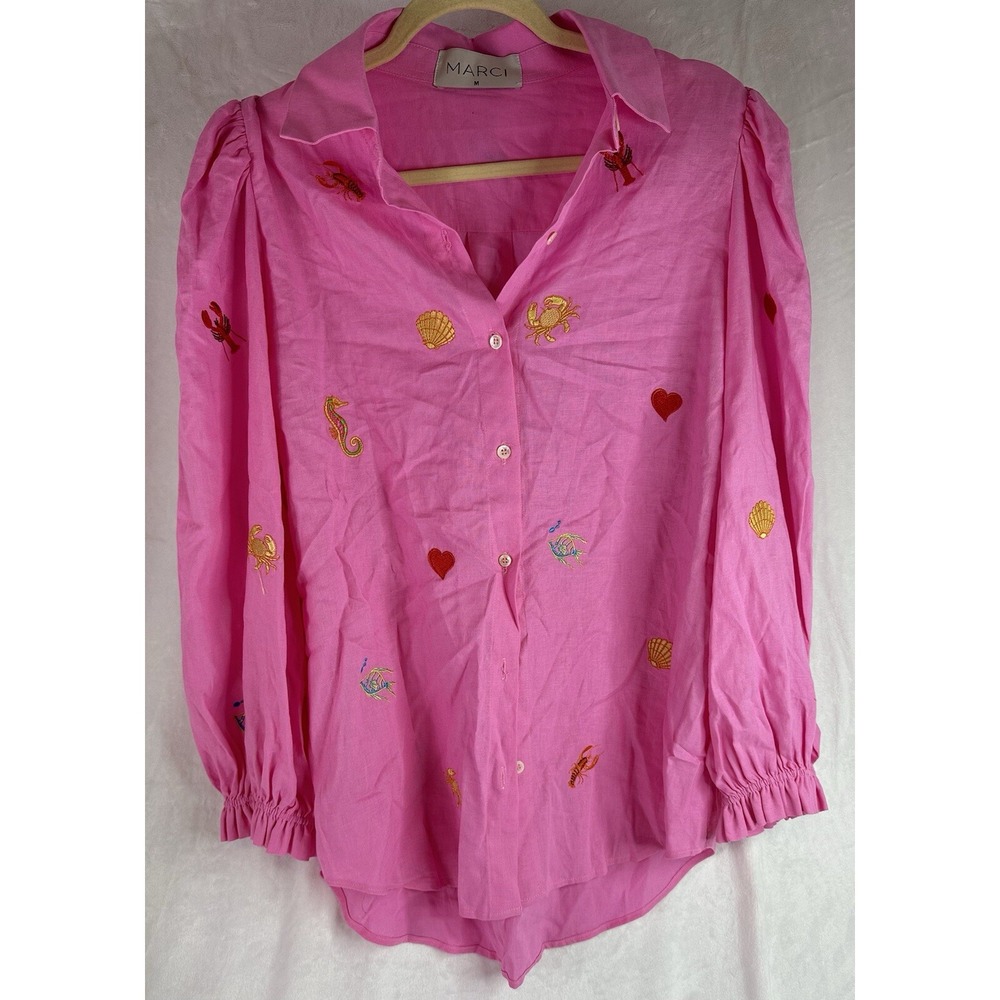 Long Sleeve Linen Button Up Shirt Pink Novelty Coastal Beach Crab, Shell Marci M